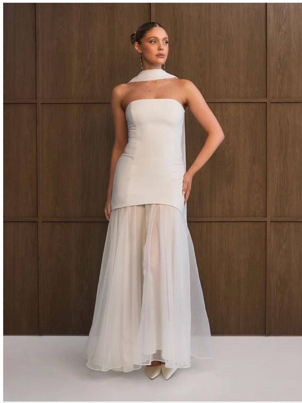 Strapless White Maxi Dress with Sheer Mesh and Neck Scarf